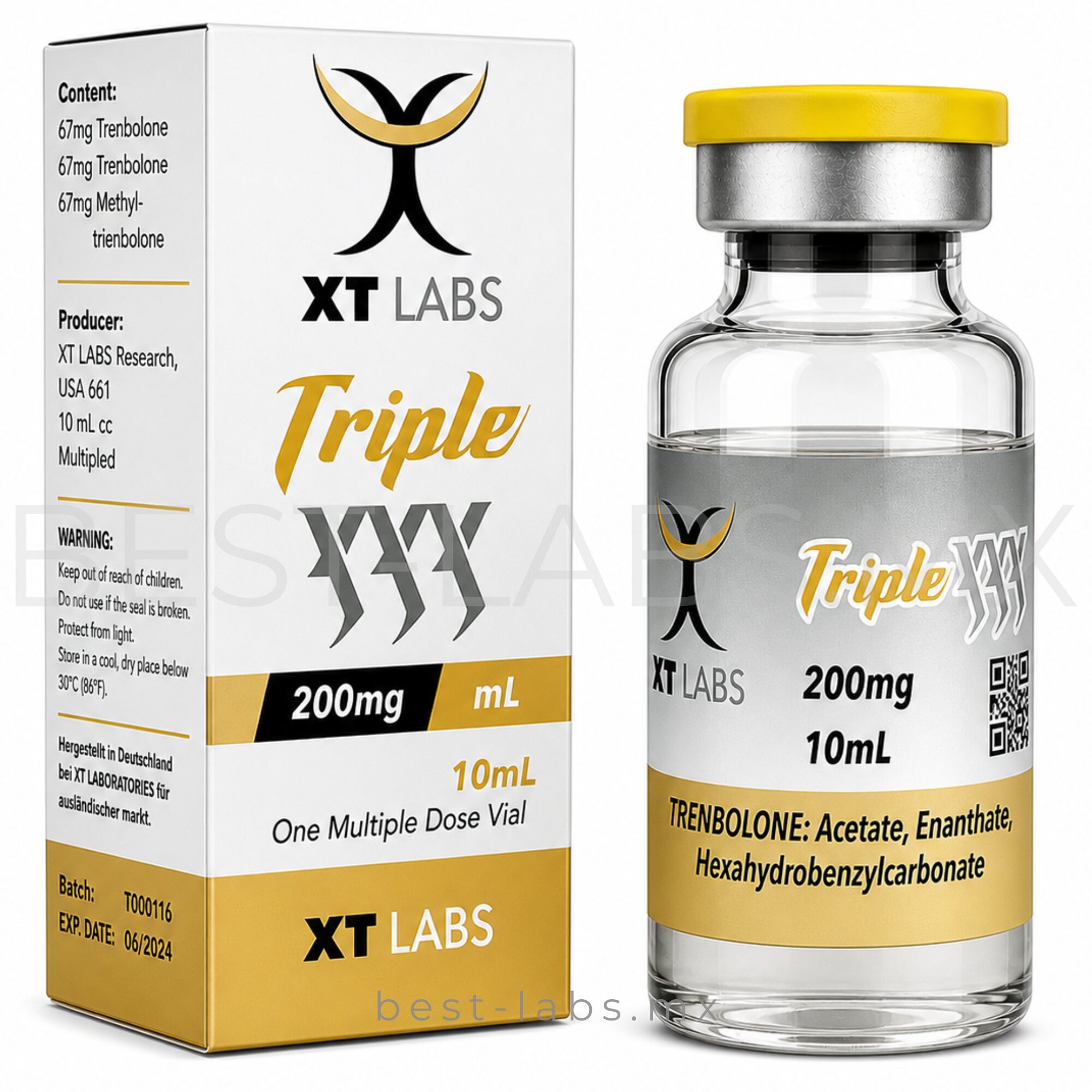 Triple XXX 200 mg/ml (Tri-Trembolona: Acetato 100 mg + Enantato 50 mg + Hexahidrobenzilcarbonato 50 mg) frasco con 10 ml | XT Labs